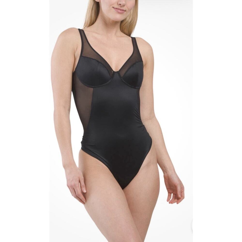 NWT Spanx Shaping Mesh Trimmed Stretch Satin Black Thong Bodysuit Size 3XL